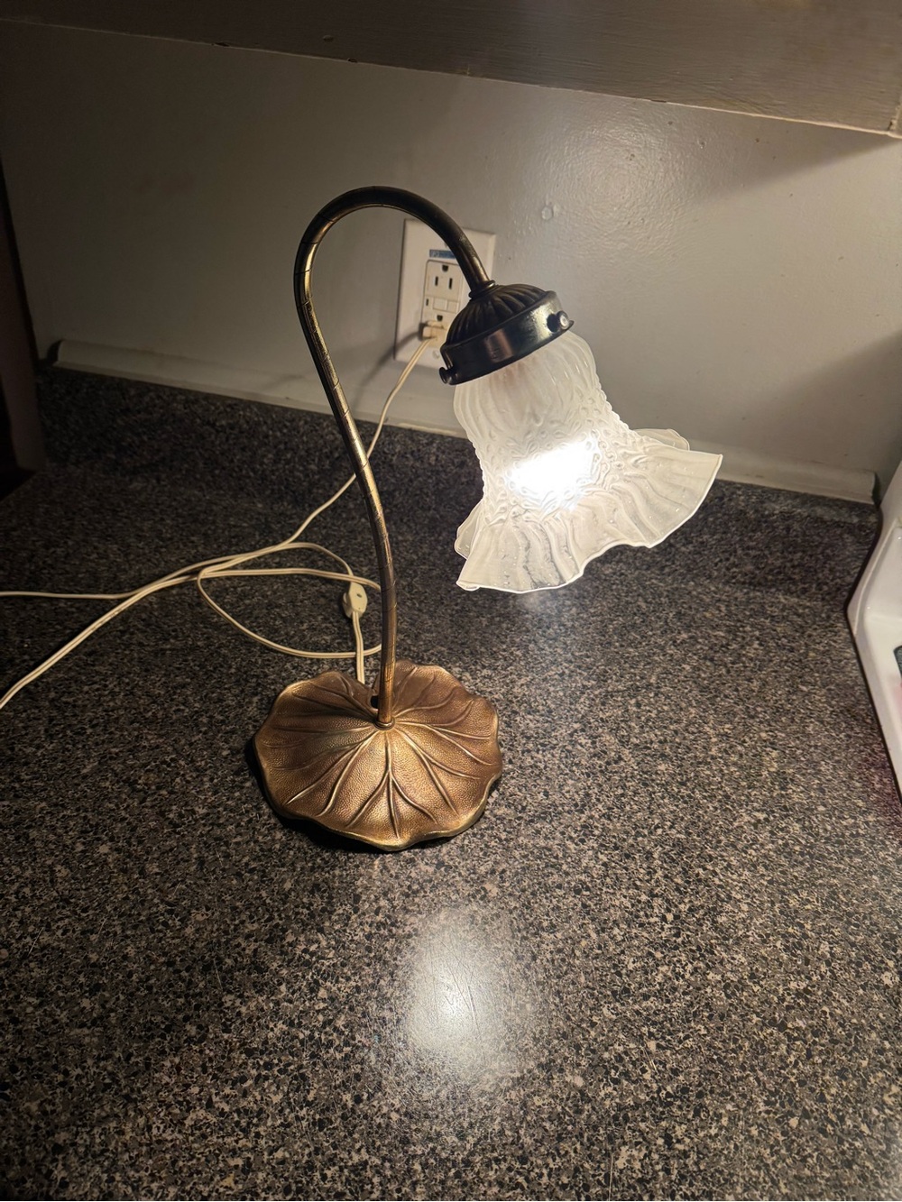 Vintage Brass Lily Pad Tulip Gooseneck Desk Lamp Frosted Clear Shade